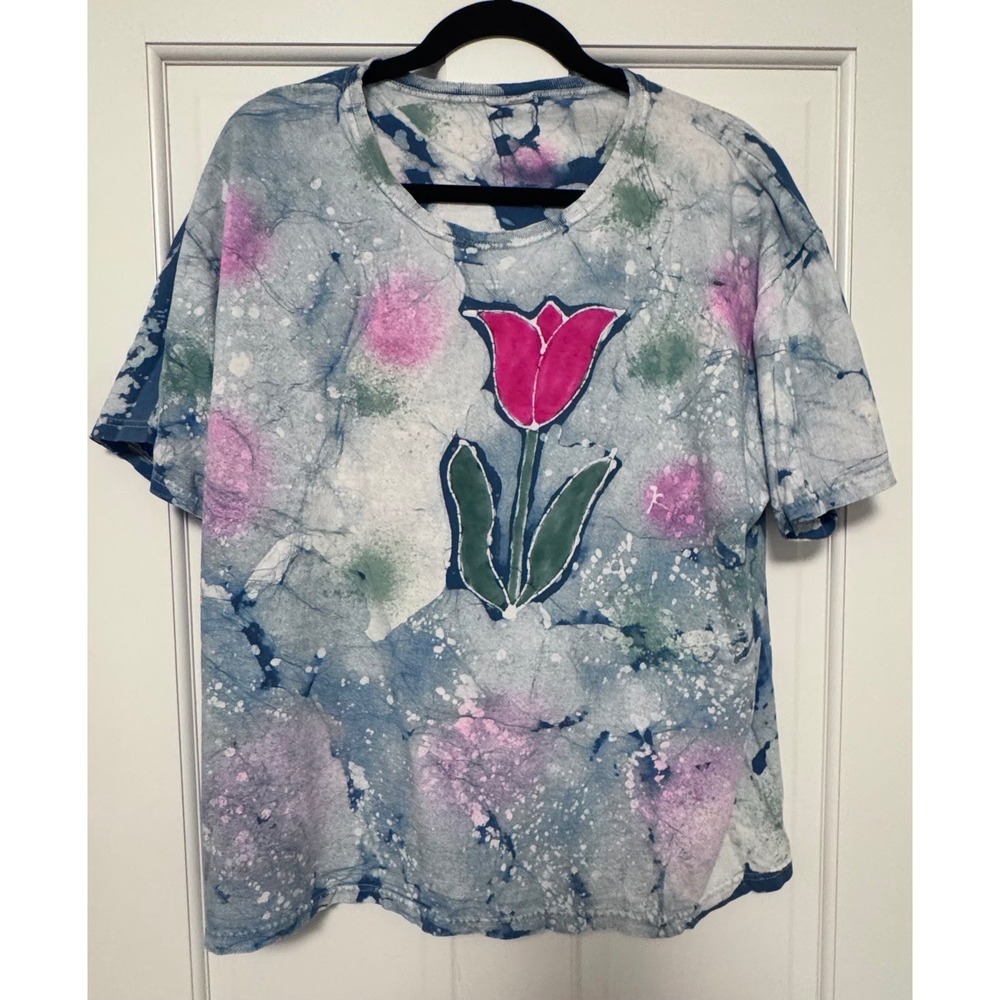 Vintage Batik Tulip Tie Dye T-Shirt Blue Pink Artistic Graphic Tee XL Boho